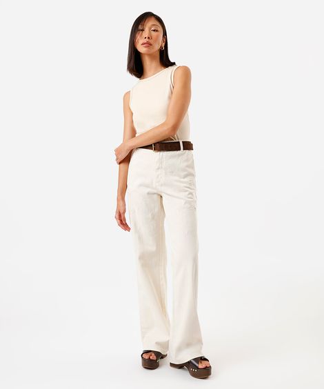 calça wide leg cintura média com bordados off white