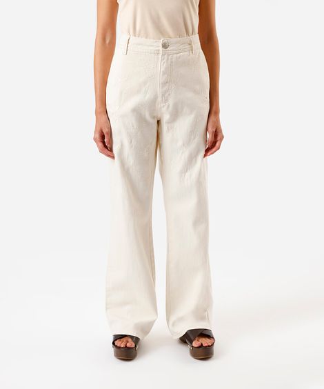 calça wide leg cintura média com bordados off white