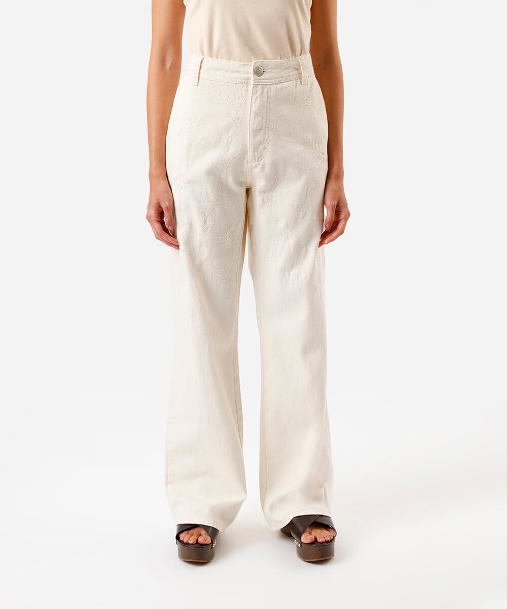 calça wide leg cintura média com bordados off white
