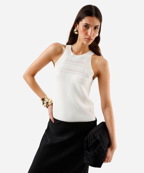 regata feminina halterneck em tricot texturizado off white