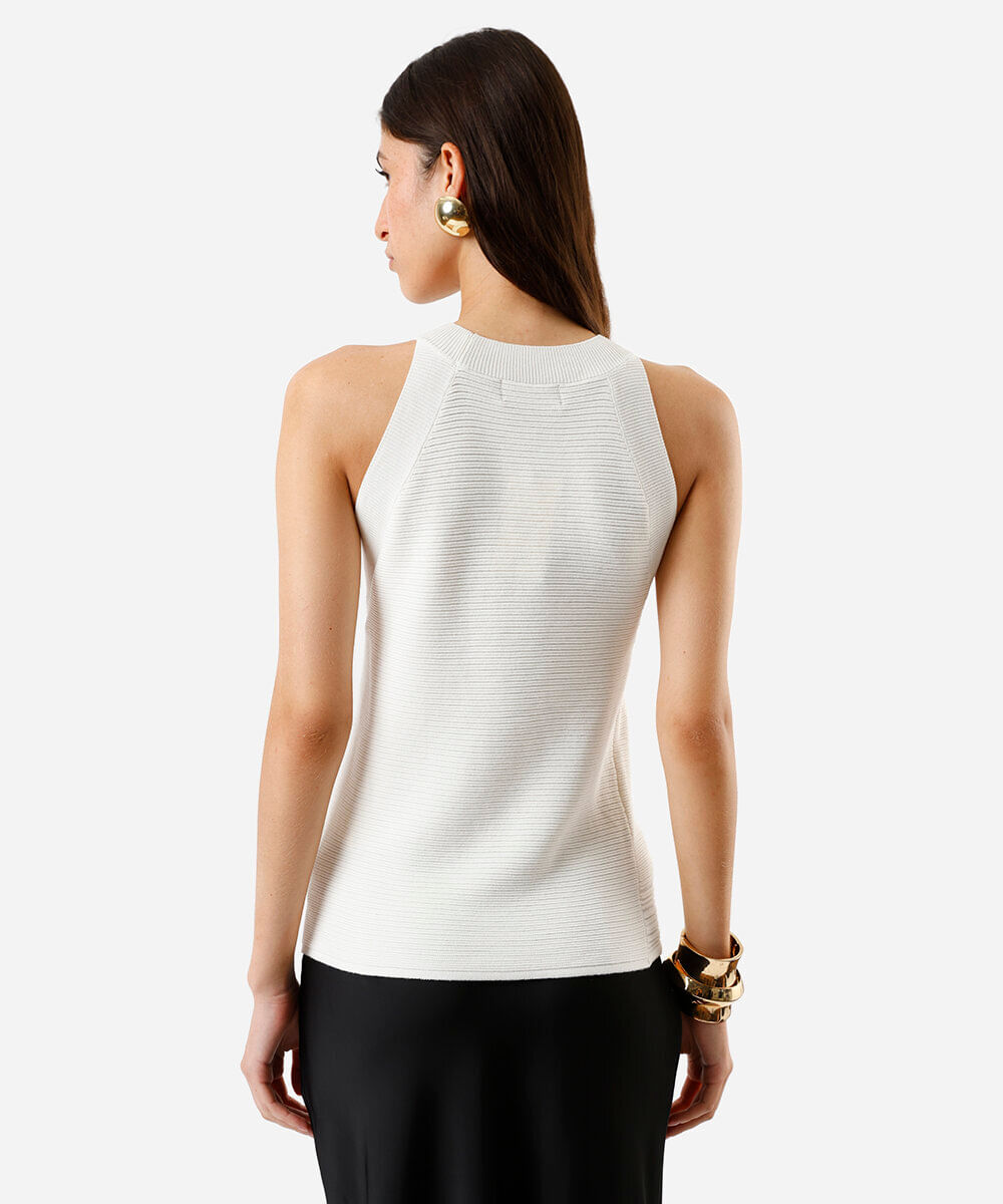 regata feminina halterneck em tricot texturizado off white