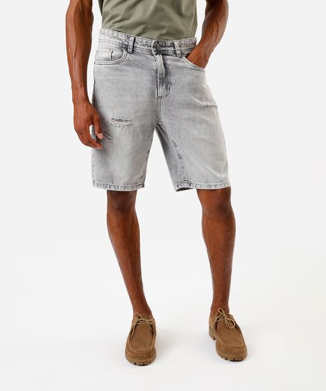 bermuda reta masculina jeans destroyed cinza