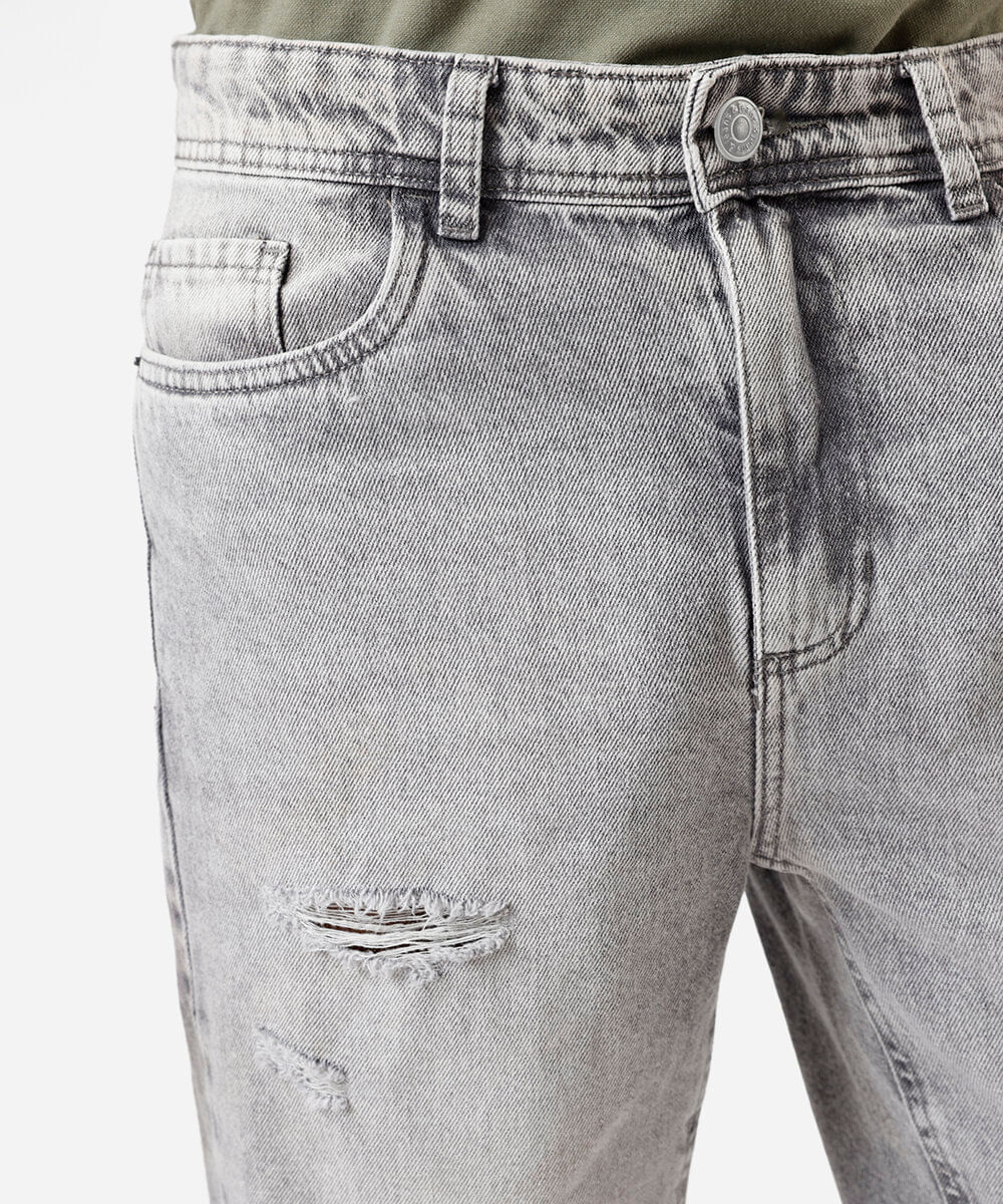 bermuda reta masculina jeans destroyed cinza