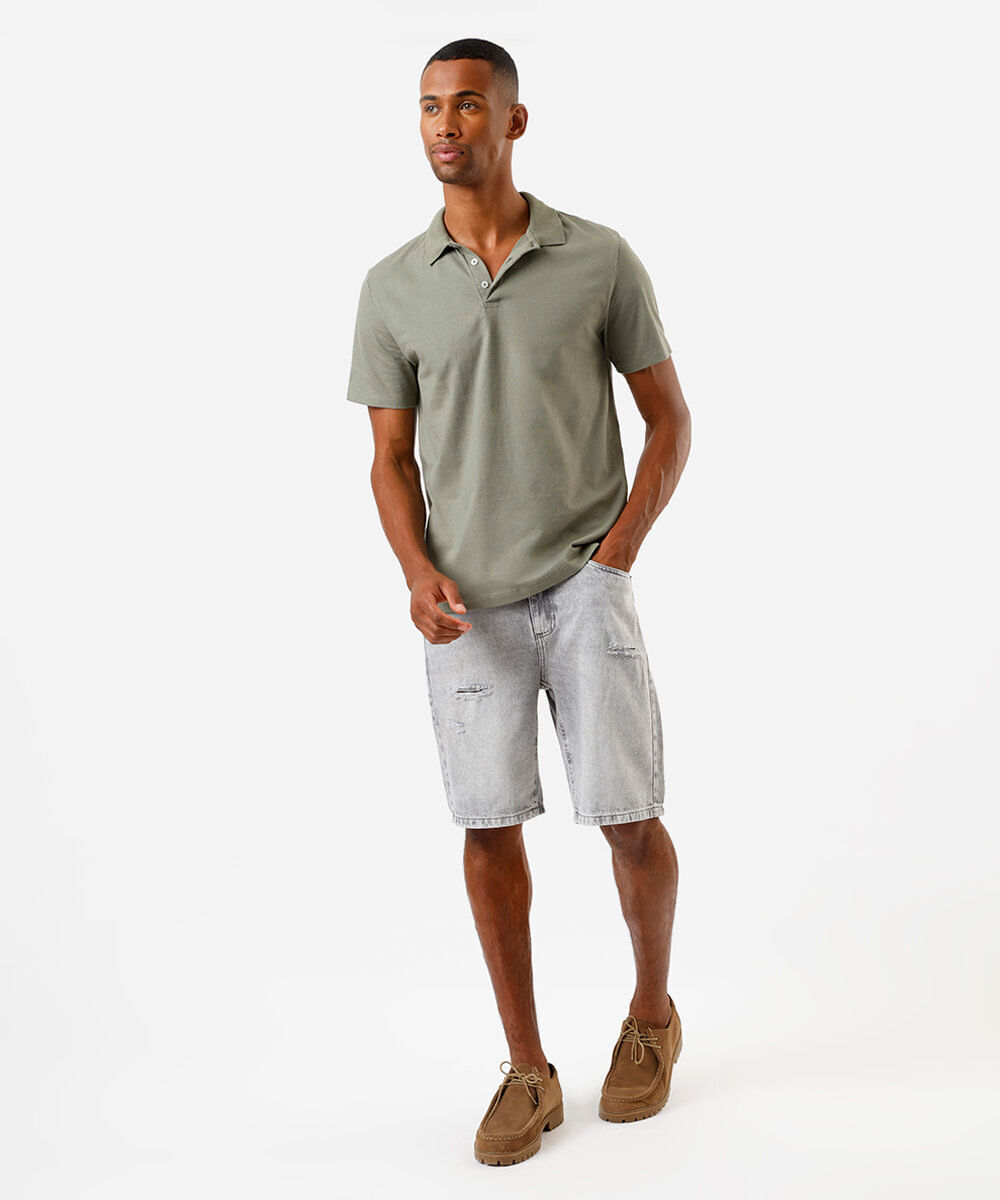 bermuda reta masculina jeans destroyed cinza