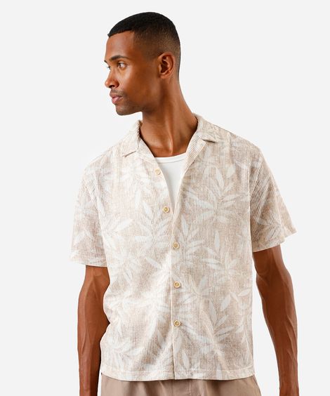 camisa masculina manga curta folhagem off white