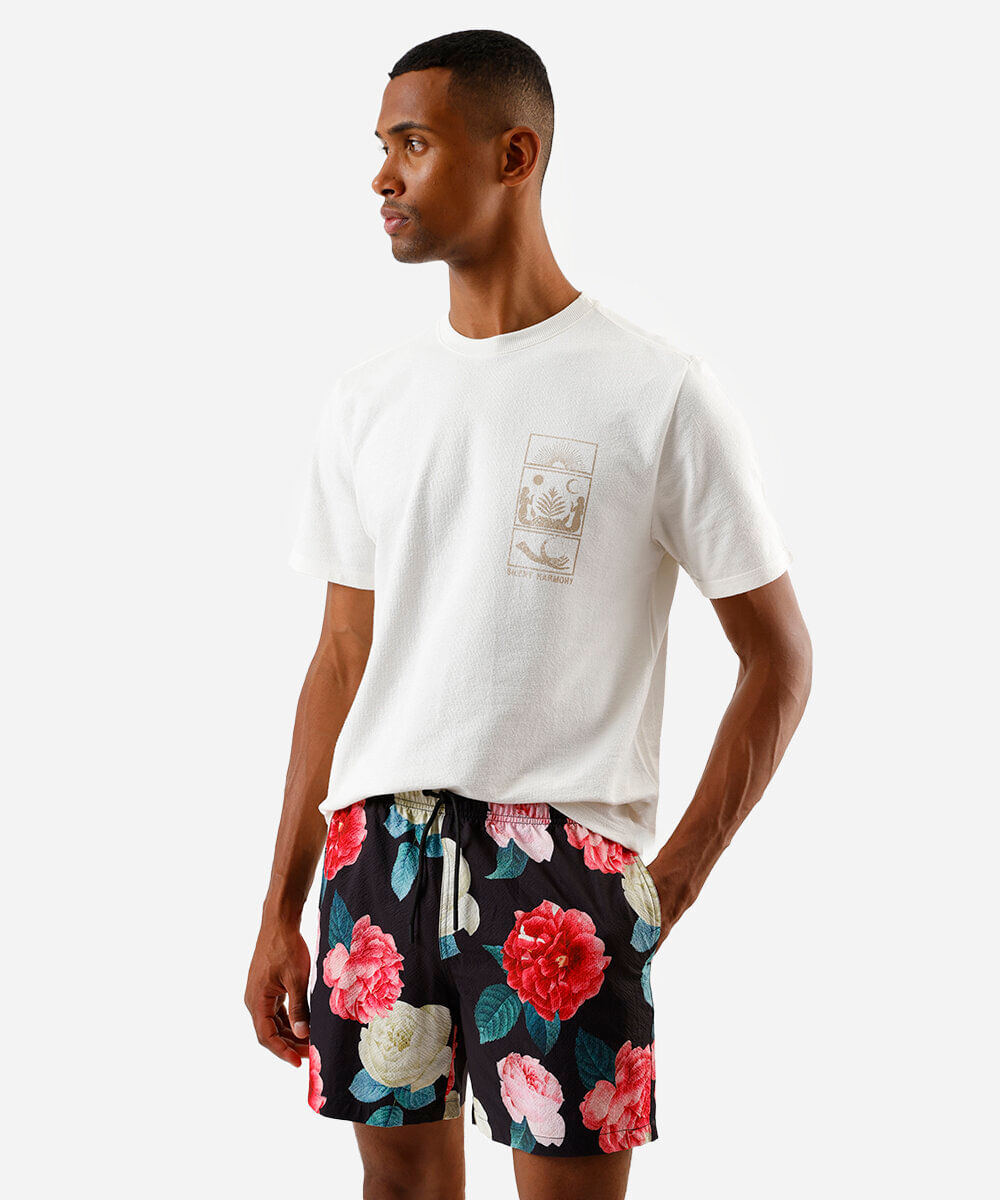 short masculino boardshort floral preto