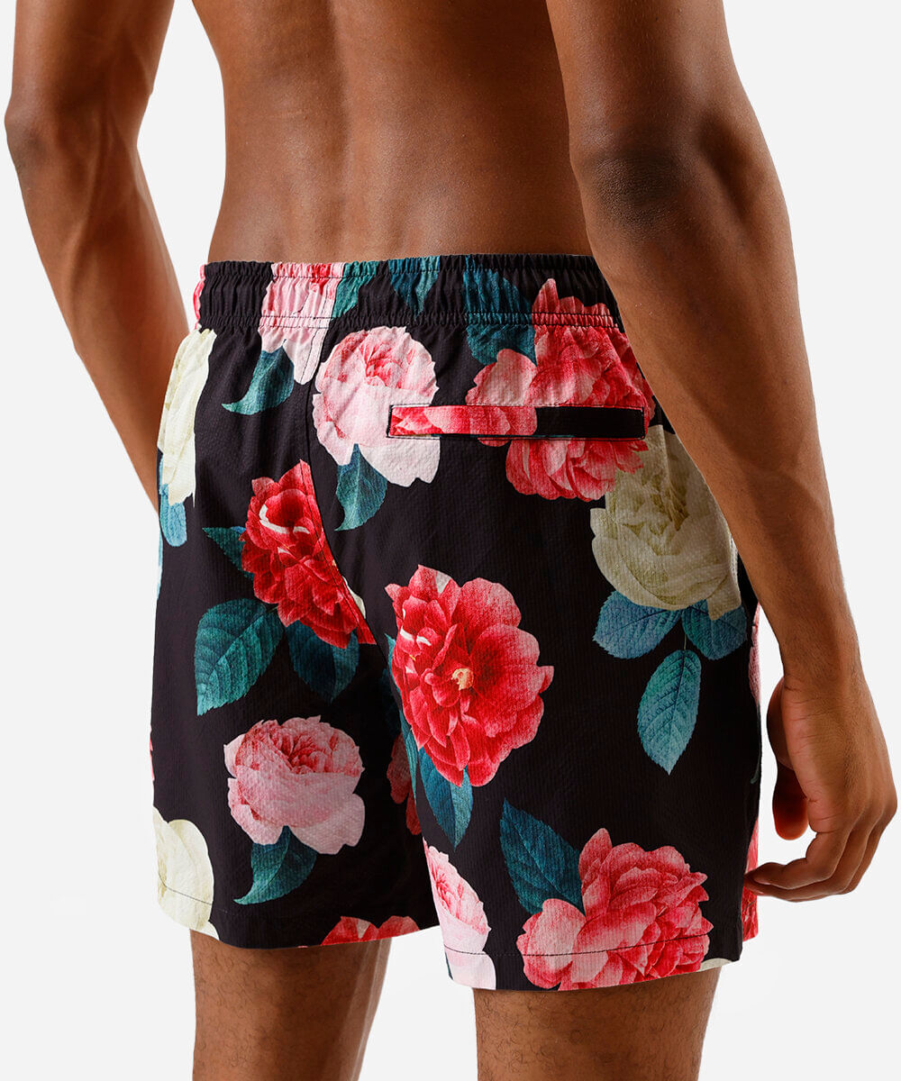 short masculino boardshort floral preto
