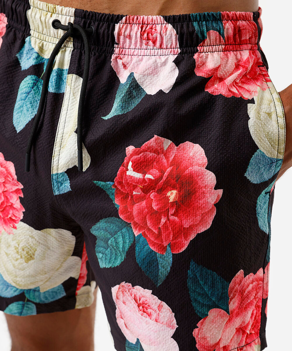short masculino boardshort floral preto