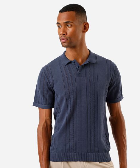 polo masculina de tricô com manga curta azul