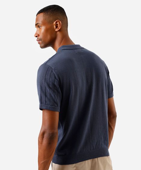 polo masculina de tricô com manga curta azul