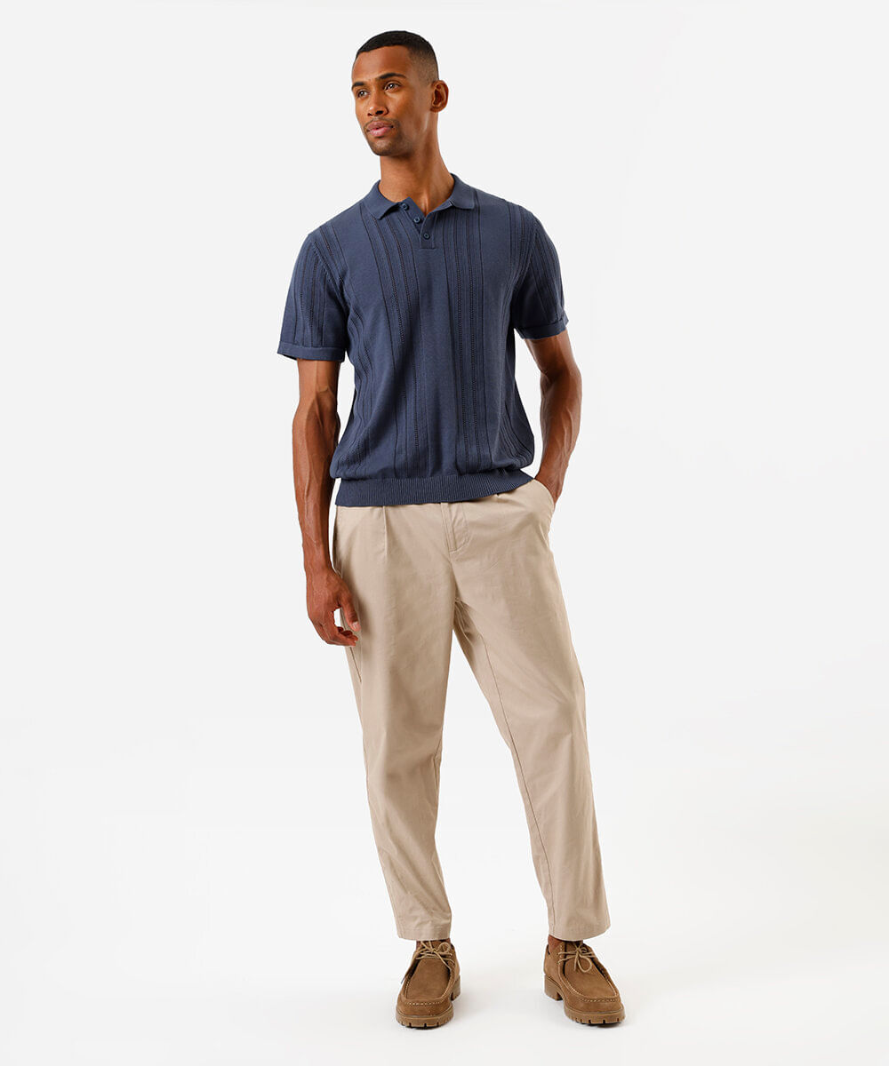 polo masculina de tricô com manga curta azul