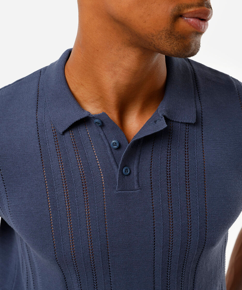 polo masculina de tricô com manga curta azul