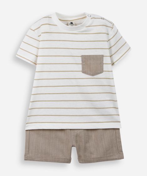 conjunto baby camiseta listrada e short bege