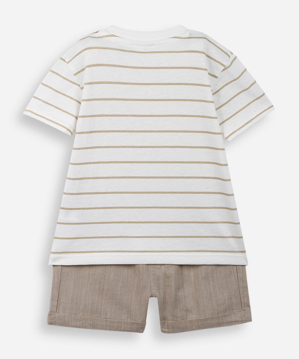 conjunto baby camiseta listrada e short bege