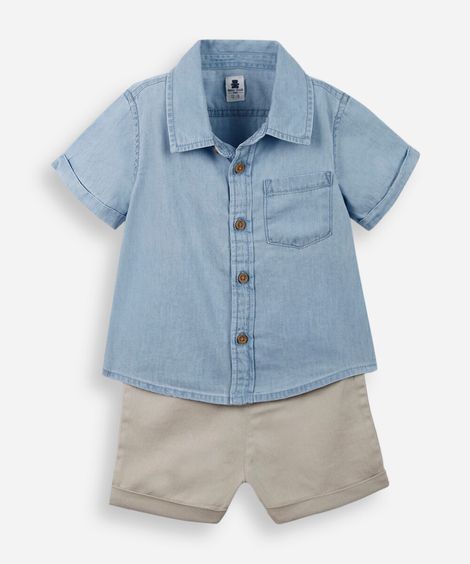 conjunto baby camisa e bermuda sarja azul