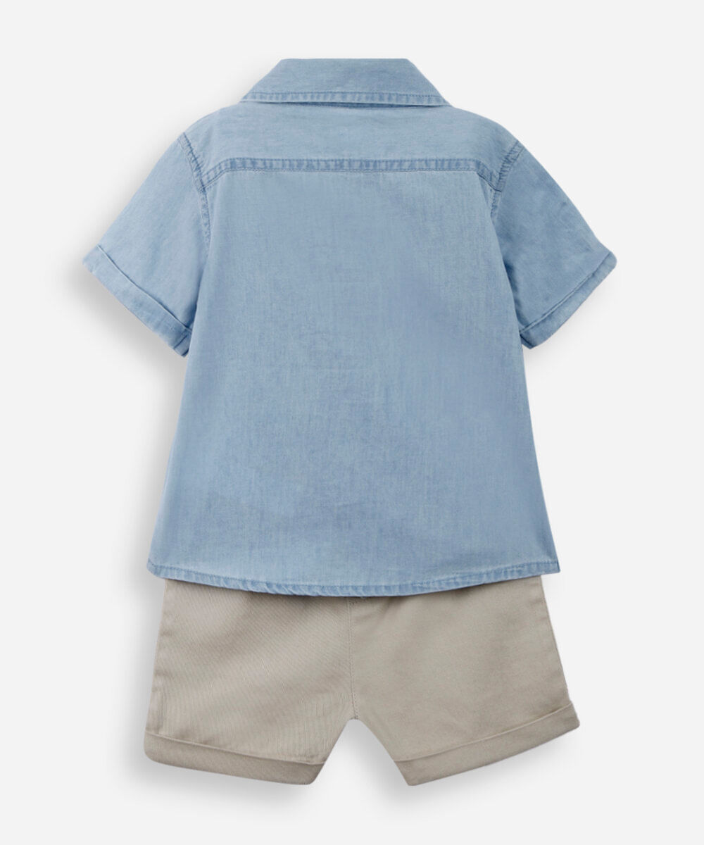 conjunto baby camisa e bermuda sarja azul