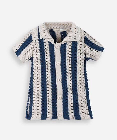 camisa infantil de tricot manga curta listrada bege