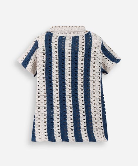 camisa infantil de tricot manga curta listrada bege