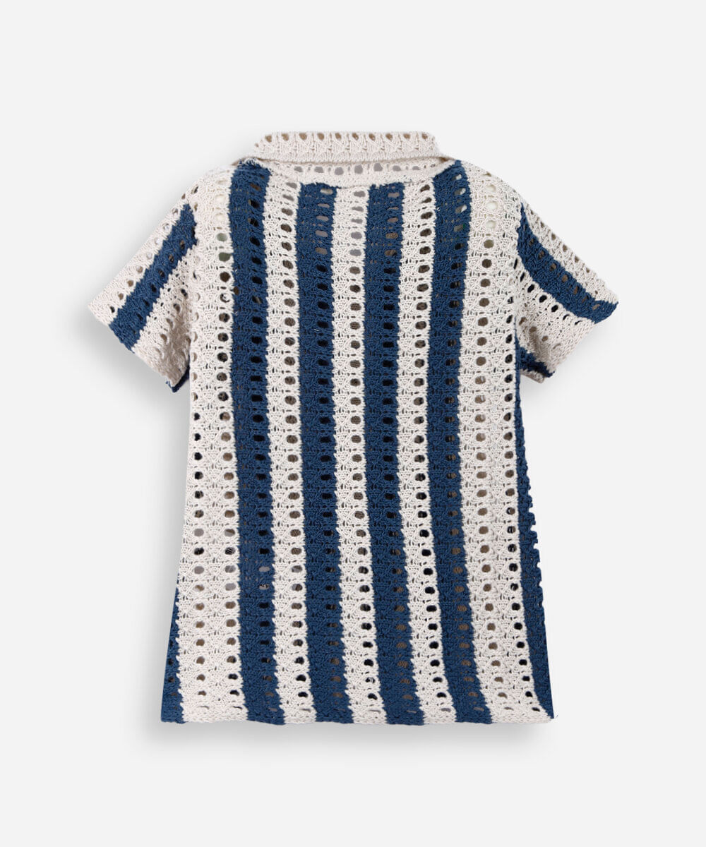 camisa infantil de tricot manga curta listrada bege