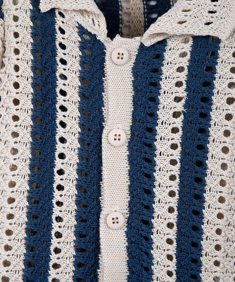 camisa infantil de tricot manga curta listrada bege