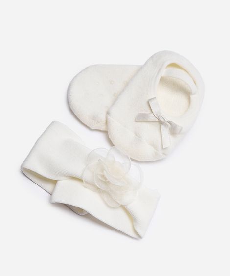 kit infantil com meia sapatilha e faixa de cabelo off white