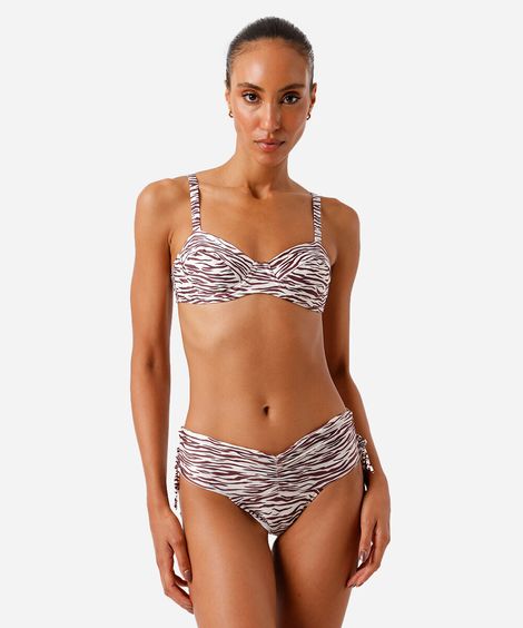 calcinha de biquíni pala franzida estampada marrom