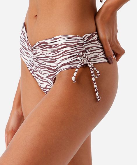 calcinha de biquíni pala franzida estampada marrom