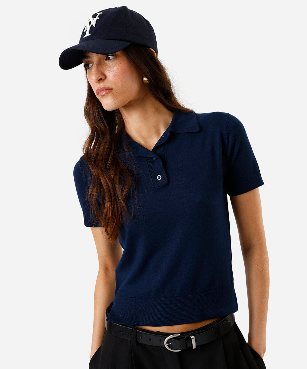 polo feminina de tricot manga curta azul