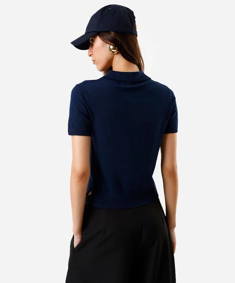 polo feminina de tricot manga curta azul