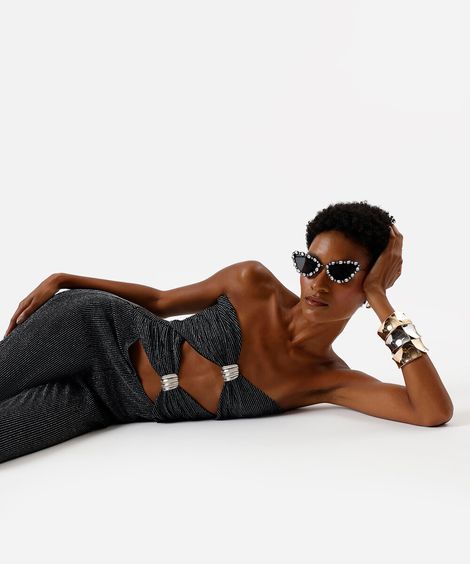 macacão sem alça feminino com recortes e lurex preto