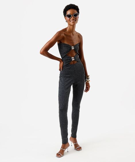 macacão sem alça feminino com recortes e lurex preto