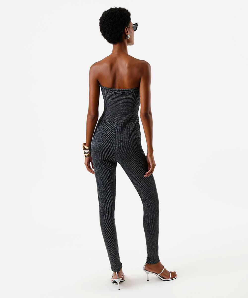 macacão sem alça feminino com recortes e lurex preto
