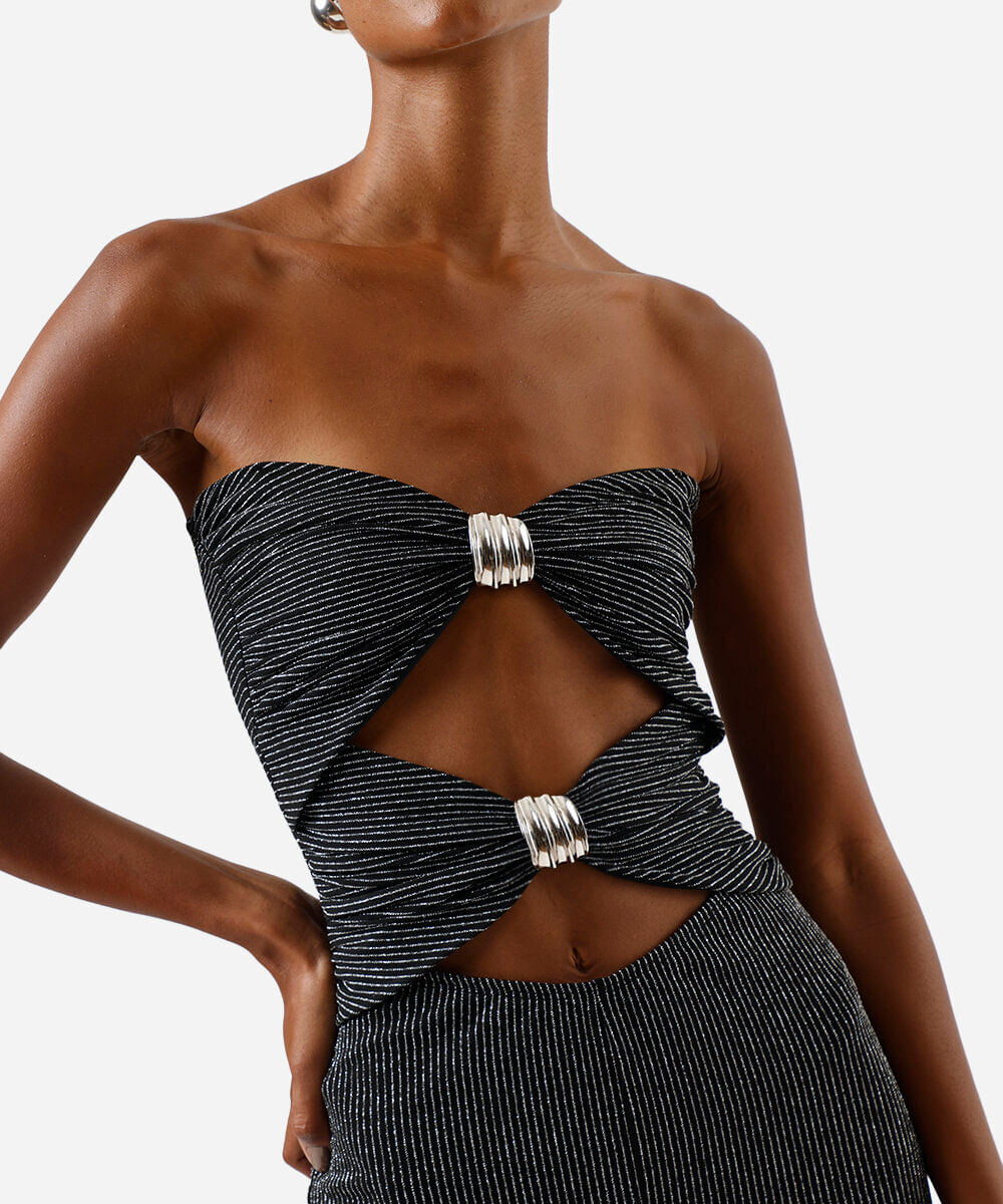 macacão sem alça feminino com recortes e lurex preto
