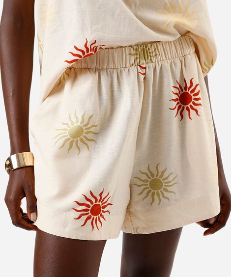 short feminino com linho cós elástico estampado bege