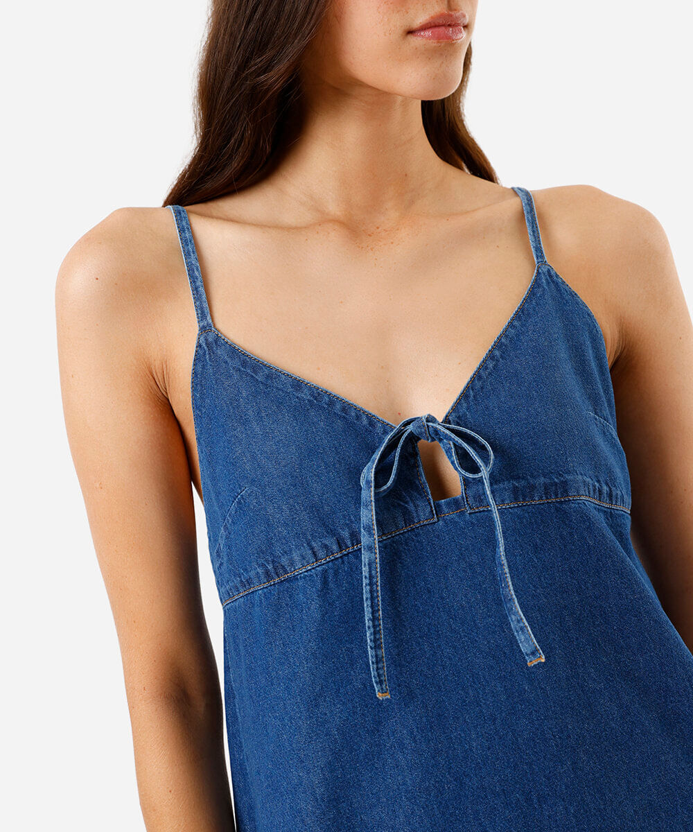 vestido feminino curto laço frontal jeans azul