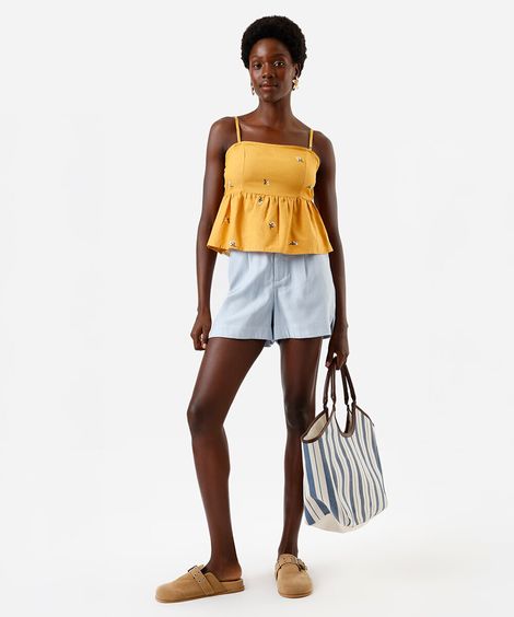 short alfaiataria de viscose cintura alta azul