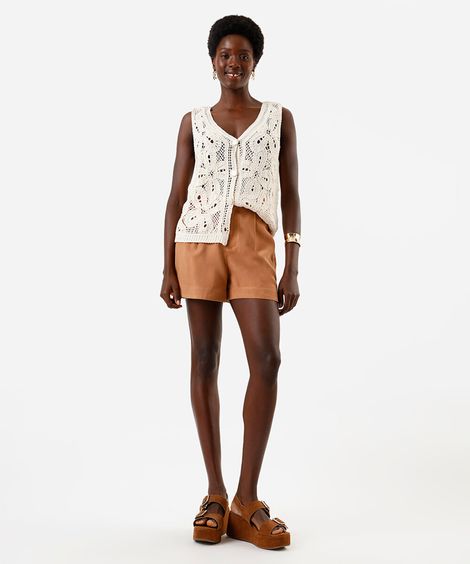 short alfaiataria de viscose cintura alta marrom