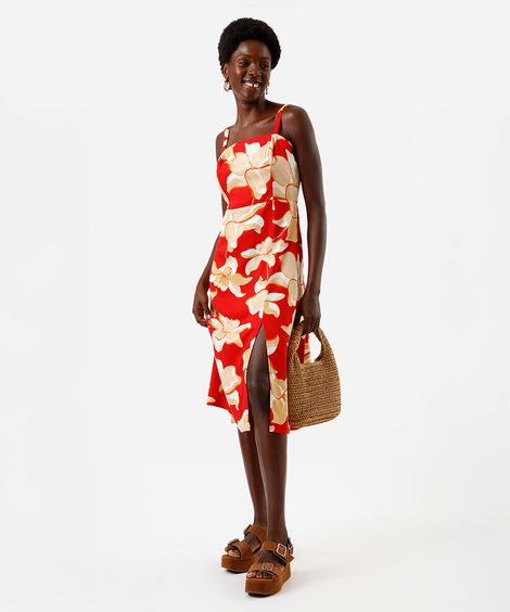 vestido midi feminino de viscose com fenda floral vermelho