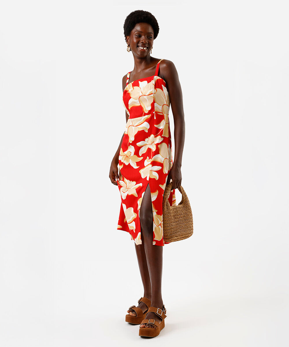 vestido midi feminino de viscose com fenda floral vermelho