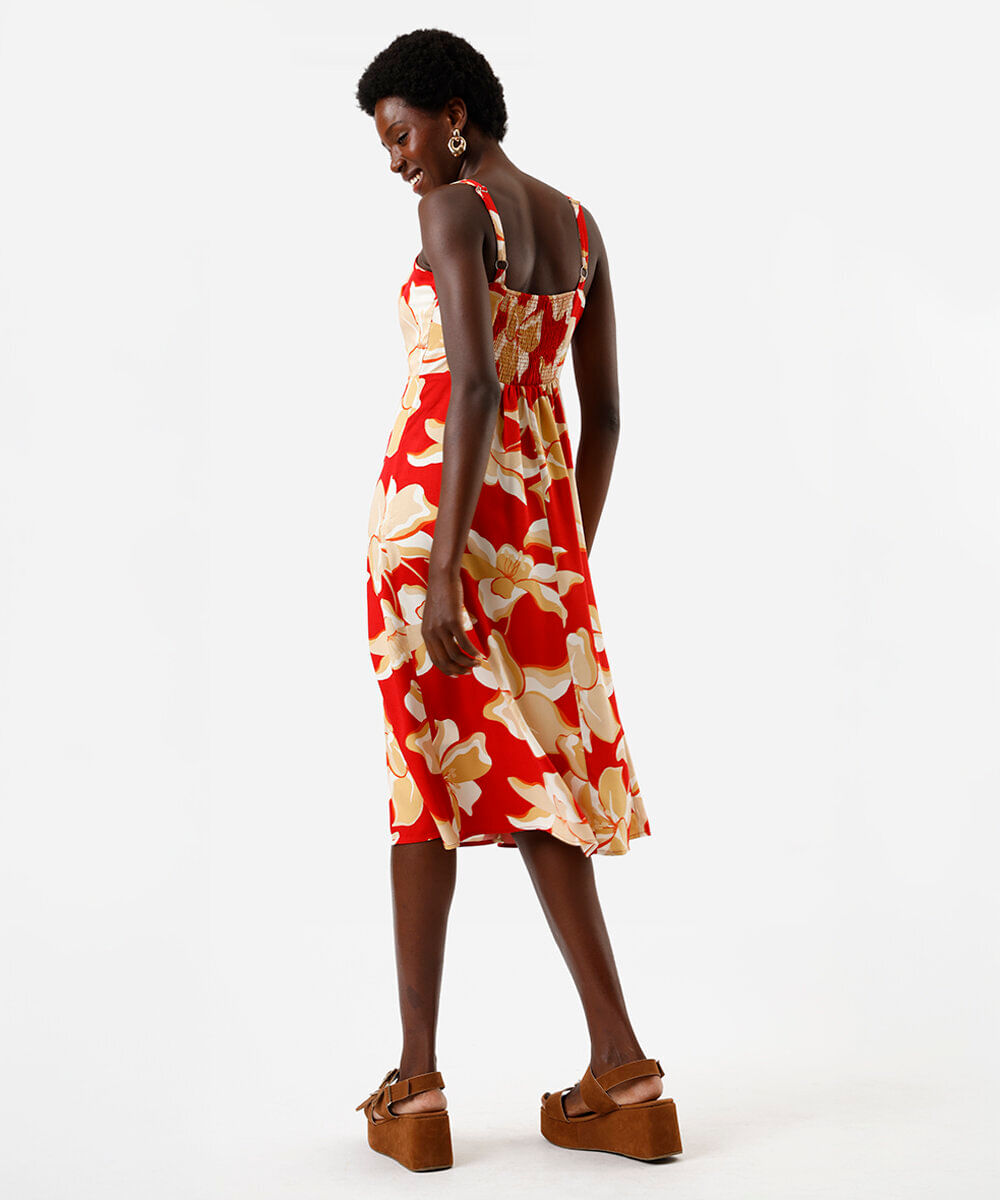 vestido midi feminino de viscose com fenda floral vermelho
