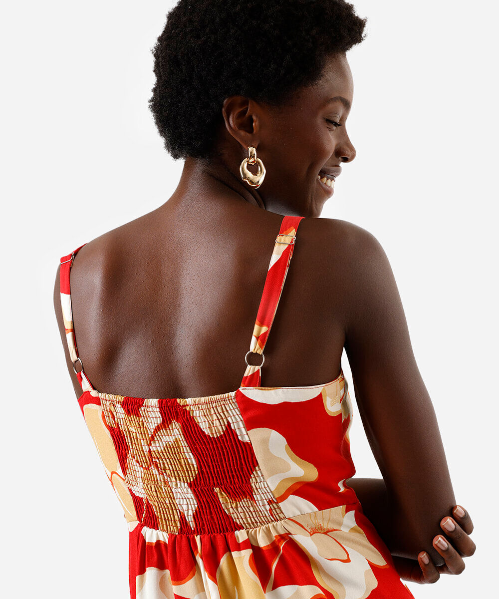 vestido midi feminino de viscose com fenda floral vermelho