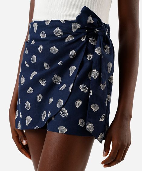 short saia pareô feminino com linho estampado azul