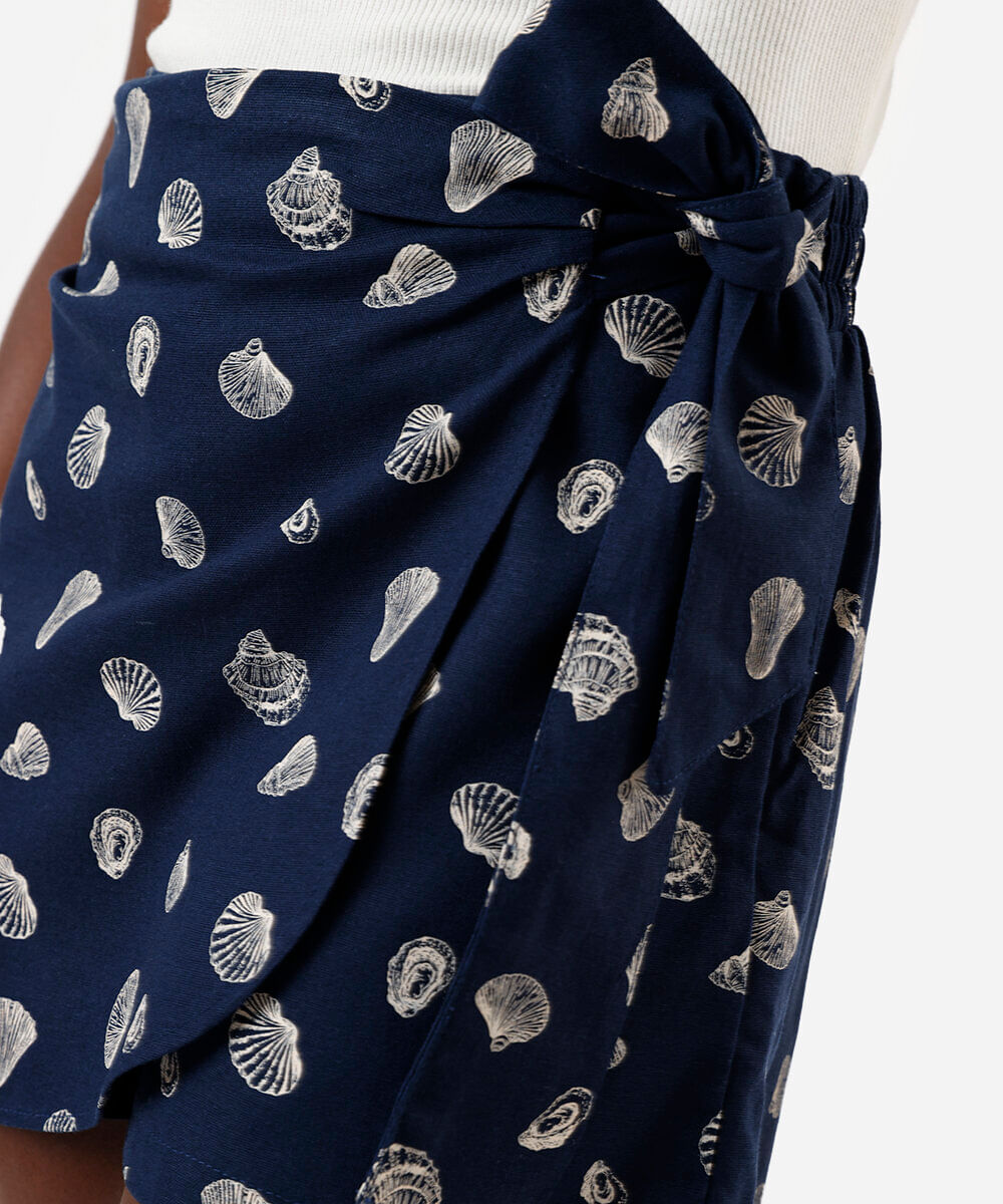 short saia pareô feminino com linho estampado azul