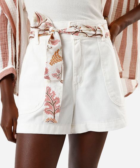 short feminino evasê sarja cintura alta com lenço off white