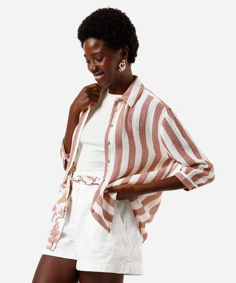 camisa feminina de algodão listrada texturizada rosa