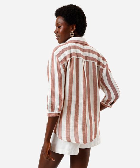 camisa feminina de algodão listrada texturizada rosa