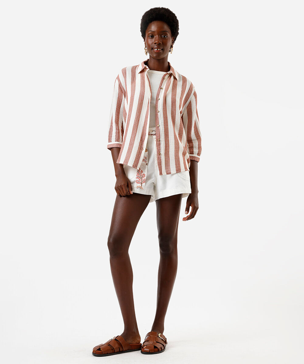 camisa feminina de algodão listrada texturizada rosa