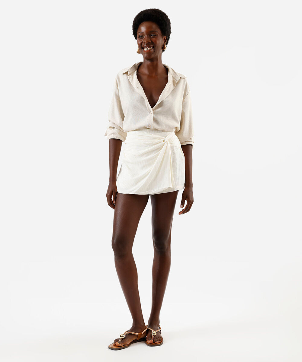 short saia pareo com lurex off white