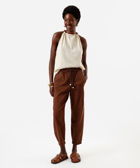 calça feminina clochard com cinto cordão marrom