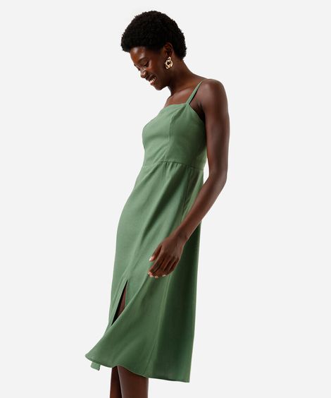 vestido midi feminino com linho e fenda verde